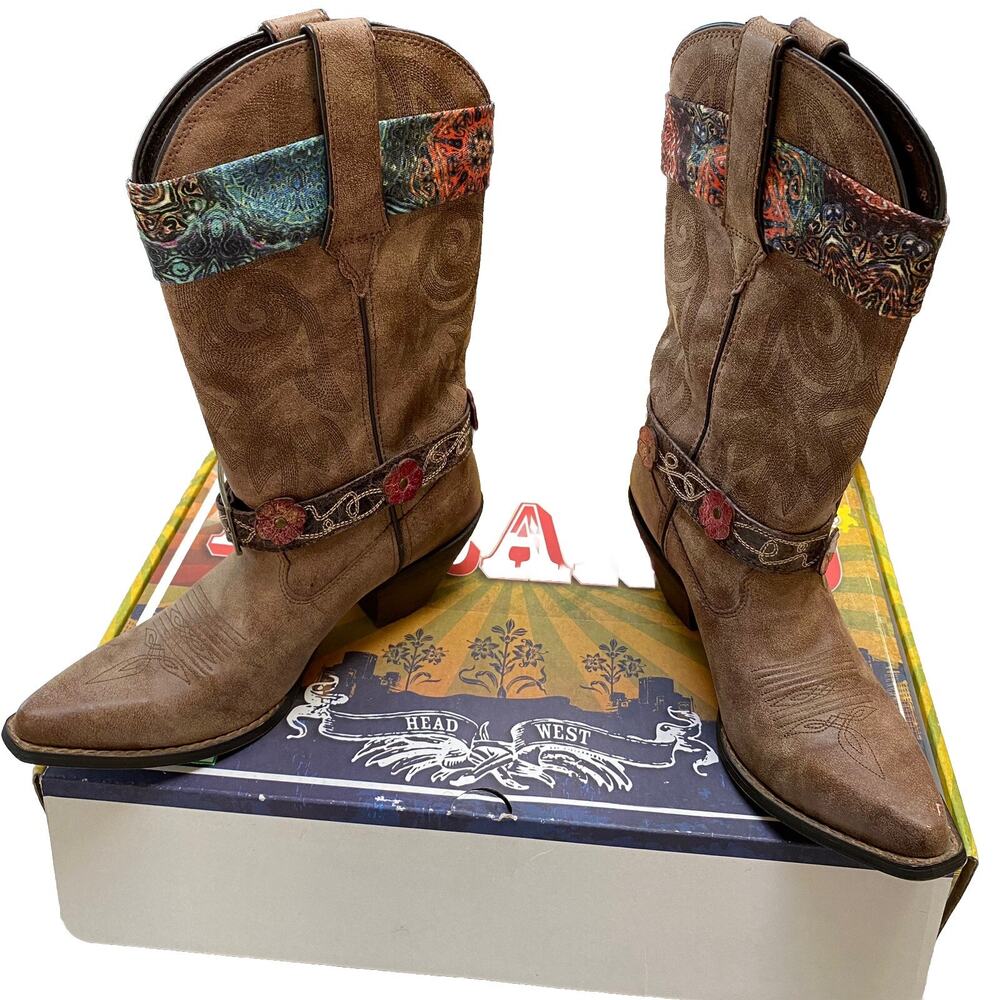Durango Tan Heeled Boots with Colorful Patterns - Picture 2 of 16